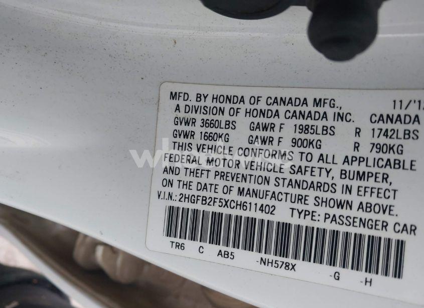 Photo 9 of 2012 Honda Civic LX (VIN 2HGFB2F5XCH611402)