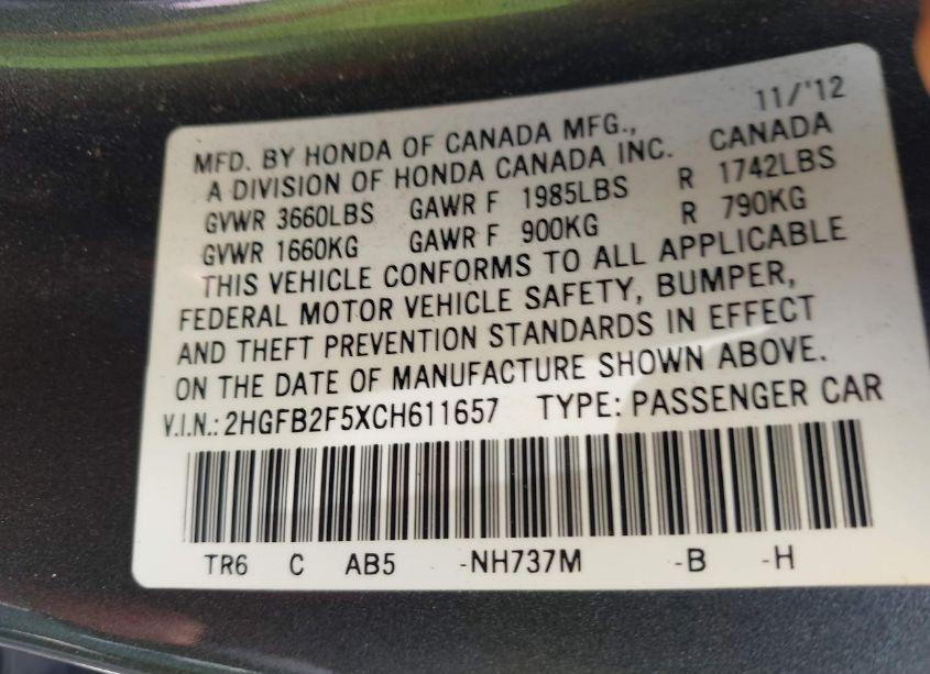 Photo 9 of 2012 Honda Civic LX (VIN 2HGFB2F5XCH611657)