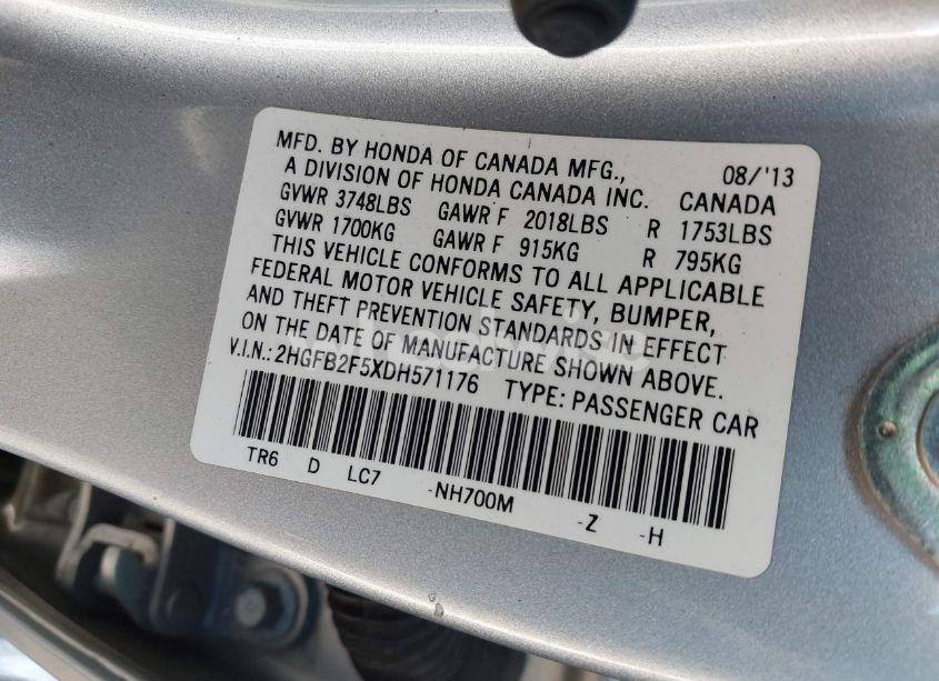 Photo 9 of 2013 Honda Civic LX (VIN 2HGFB2F5XD8571176)