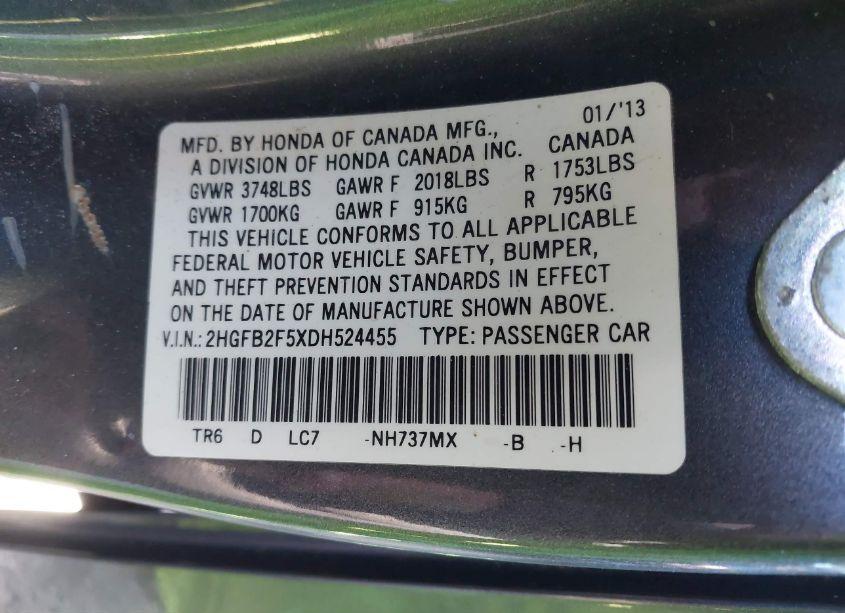 Photo 9 of 2013 Honda Civic LX (VIN 2HGFB2F5XDH524455)