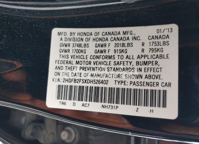 Photo 9 of 2013 Honda Civic LX (VIN 2HGFB2F5XDH526402)