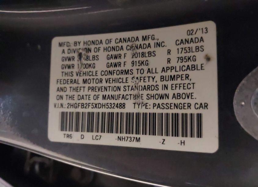 Photo 9 of 2013 Honda Civic LX (VIN 2HGFB2F5XDH532488)