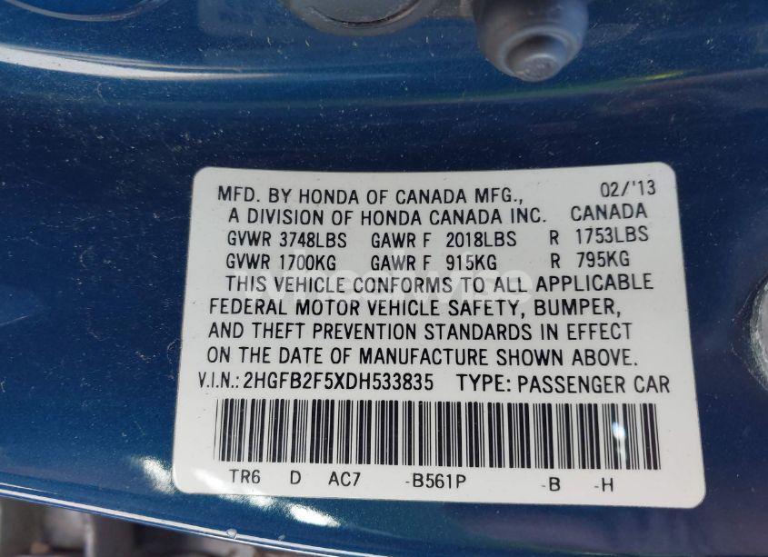 Photo 9 of 2013 Honda Civic LX (VIN 2HGFB2F5XDH533835)