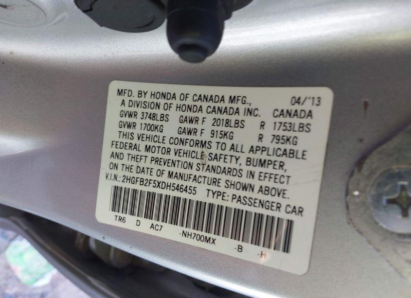 Photo 9 of 2013 Honda Civic LX (VIN 2HGFB2F5XDH546455)