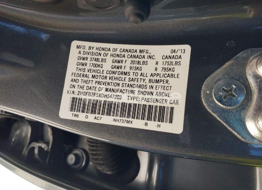 Photo 9 of 2013 Honda Civic LX (VIN 2HGFB2F5XDH547203)