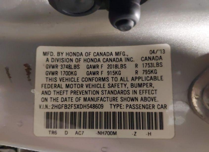 Photo 9 of 2013 Honda Civic LX (VIN 2HGFB2F5XDH548609)