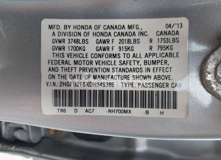 Photo 9 of 2013 Honda Civic LX (VIN 2HGFB2F5XDH549386)