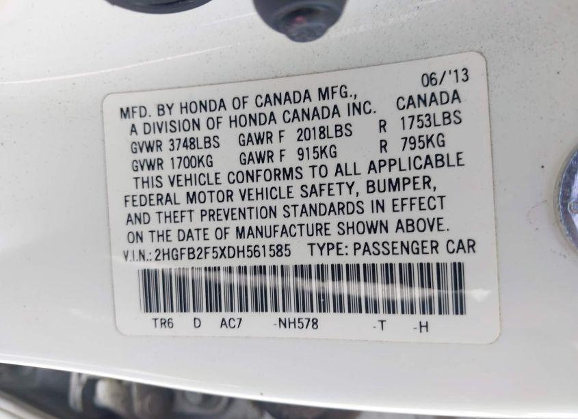 Photo 9 of 2013 Honda Civic LX (VIN 2HGFB2F5XDH561585)