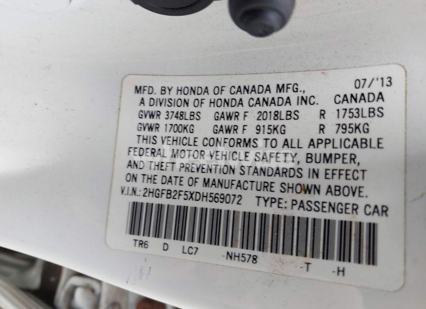 Photo 9 of 2013 Honda Civic LX (VIN 2HGFB2F5XDH569072)