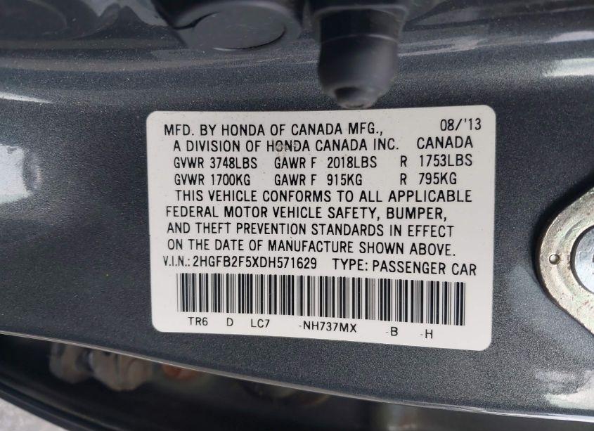 Photo 9 of 2013 Honda Civic LX (VIN 2HGFB2F5XDH571629)