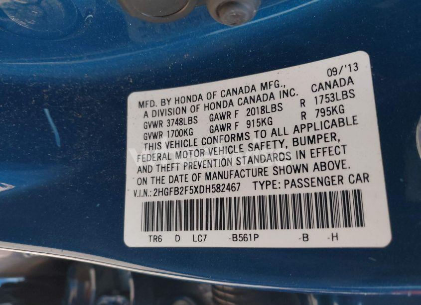 Photo 9 of 2013 Honda Civic LX (VIN 2HGFB2F5XDH582467)