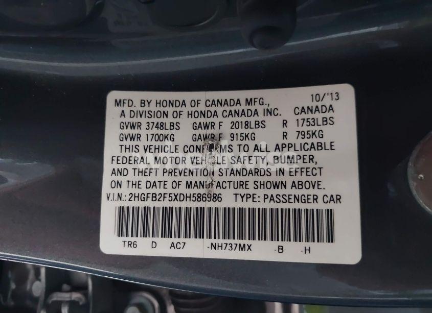 Photo 9 of 2013 Honda Civic LX (VIN 2HGFB2F5XDH586986)