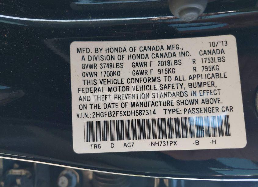 Photo 9 of 2013 Honda Civic LX (VIN 2HGFB2F5XDH587314)