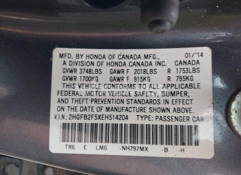 Photo 9 of 2014 Honda Civic LX (VIN 2HGFB2F5XEH514204)