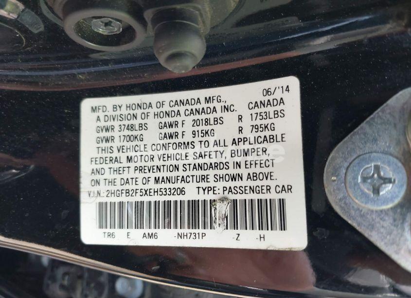 Photo 9 of 2014 Honda Civic LX (VIN 2HGFB2F5XEH533206)