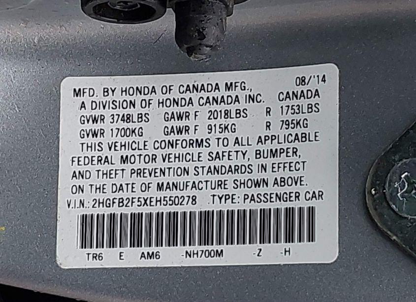 Photo 9 of 2014 Honda Civic LX (VIN 2HGFB2F5XEH550278)