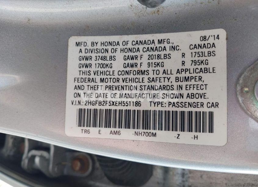 Photo 9 of 2014 Honda Civic LX (VIN 2HGFB2F5XEH551186)