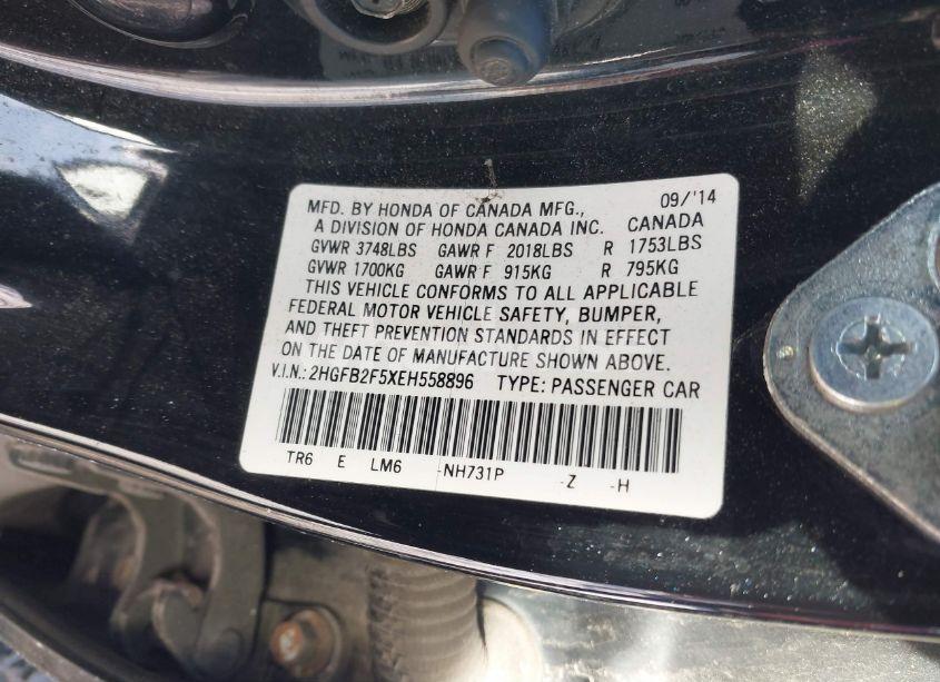 Photo 9 of 2014 Honda Civic LX (VIN 2HGFB2F5XEH558896)