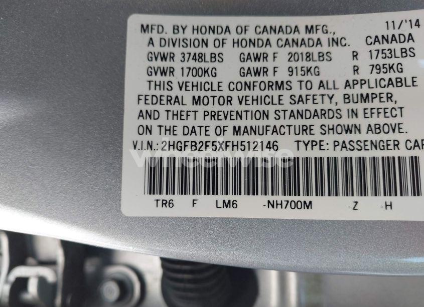 Photo 9 of 2015 Honda Civic LX (VIN 2HGFB2F5XFH512146)