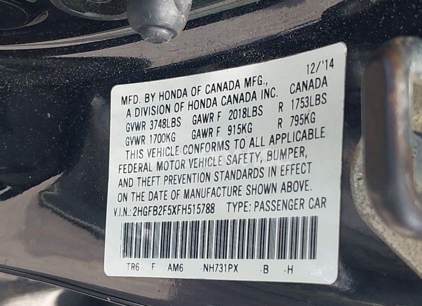 Photo 9 of 2015 Honda Civic LX (VIN 2HGFB2F5XFH515788)