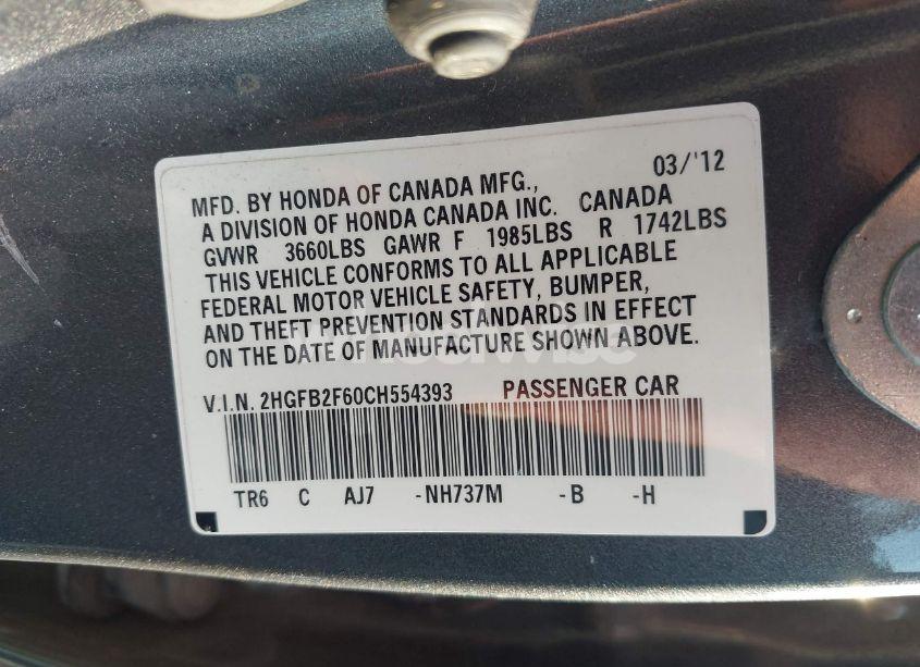 Photo 9 of 2012 Honda Civic HF (VIN 2HGFB2F60CH554393)