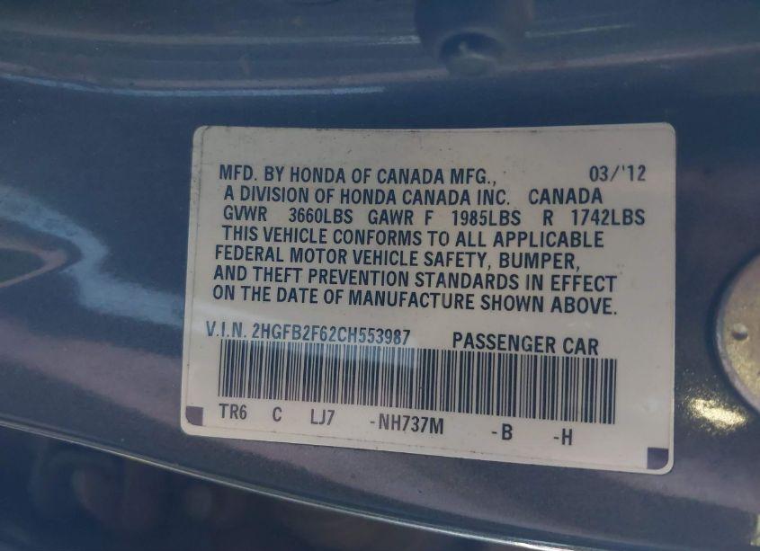 Photo 9 of 2012 Honda Civic HF (VIN 2HGFB2F62CH553987)