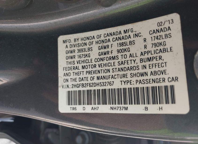 Photo 9 of 2013 Honda Civic HF (VIN 2HGFB2F62DH532767)