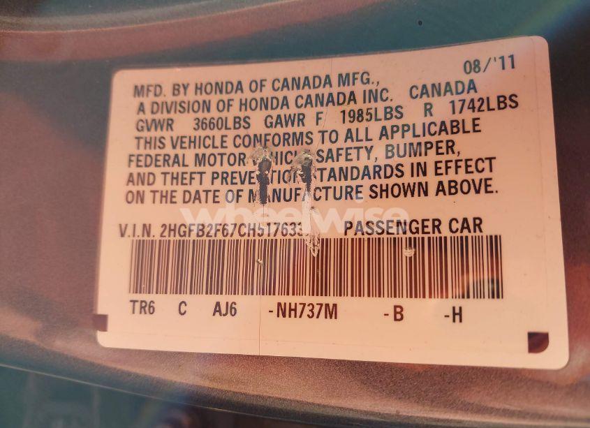 Photo 9 of 2012 Honda Civic HF (VIN 2HGFB2F67CH517633)