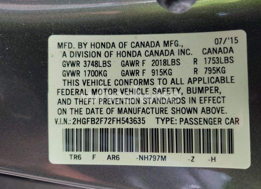 Photo 9 of 2015 Honda Civic SE (VIN 2HGFB2F72FH543635)