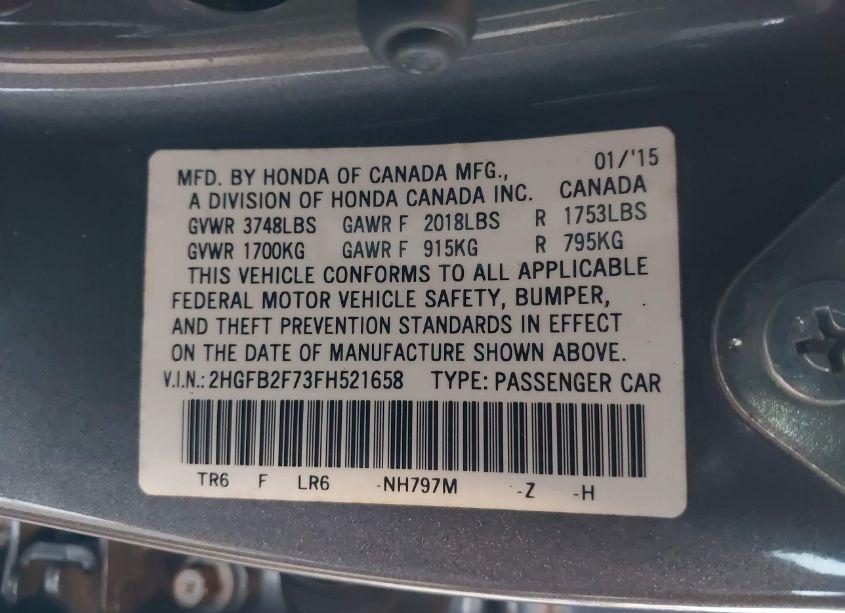 Photo 9 of 2015 Honda Civic SE (VIN 2HGFB2F73FH521658)