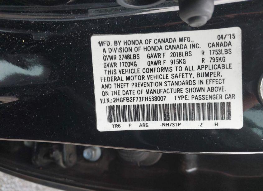 Photo 9 of 2015 Honda Civic SE (VIN 2HGFB2F73FH538007)