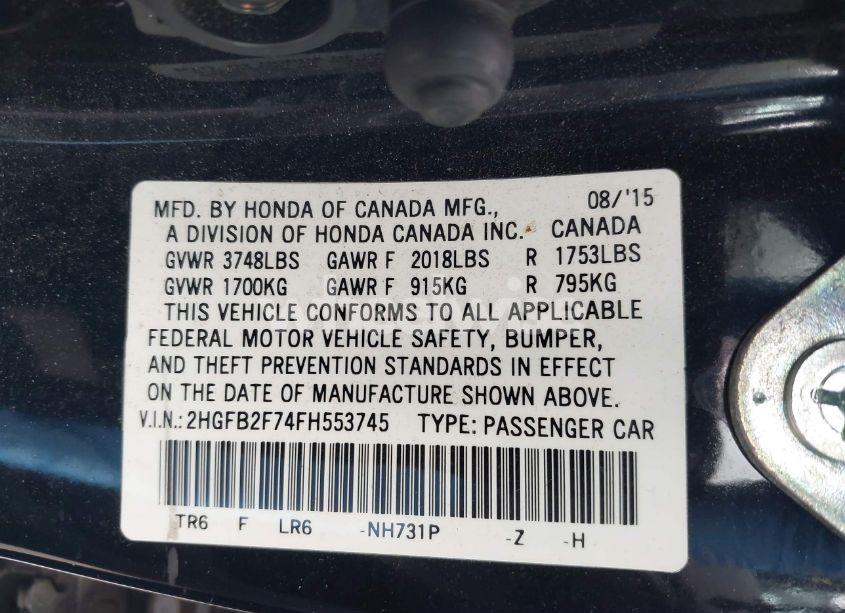 Photo 9 of 2015 Honda Civic SE (VIN 2HGFB2F74FH553745)