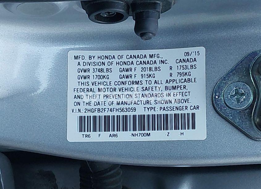 Photo 9 of 2015 Honda Civic SE (VIN 2HGFB2F74FH563059)