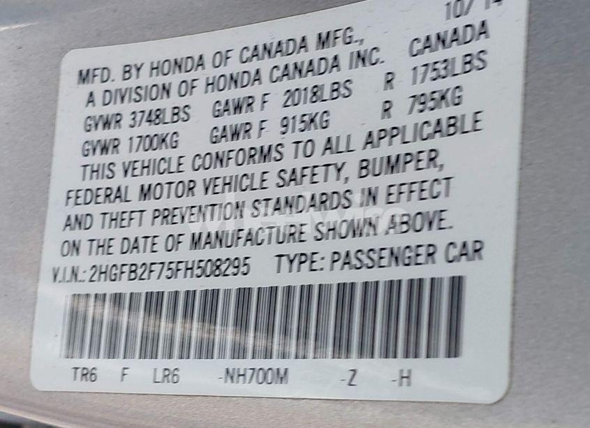 Photo 9 of 2015 Honda Civic SE (VIN 2HGFB2F75FH508295)