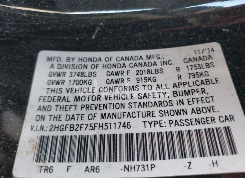 Photo 9 of 2015 Honda Civic SE (VIN 2HGFB2F75FH511746)