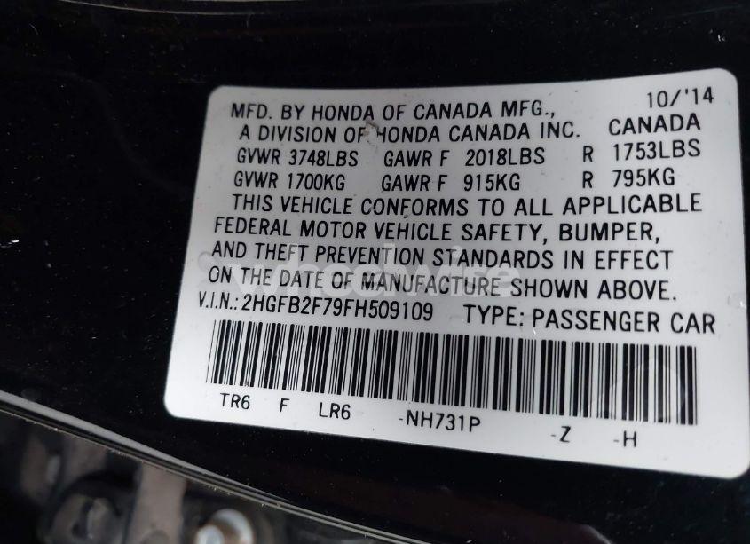 Photo 9 of 2015 Honda Civic SE (VIN 2HGFB2F79FH509109)