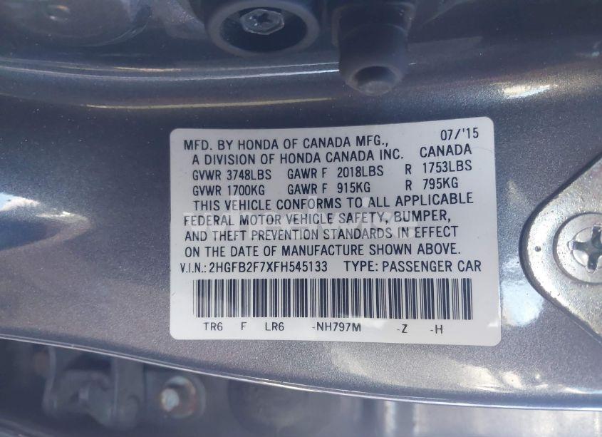 Photo 9 of 2015 Honda Civic SE (VIN 2HGFB2F7XFH545133)