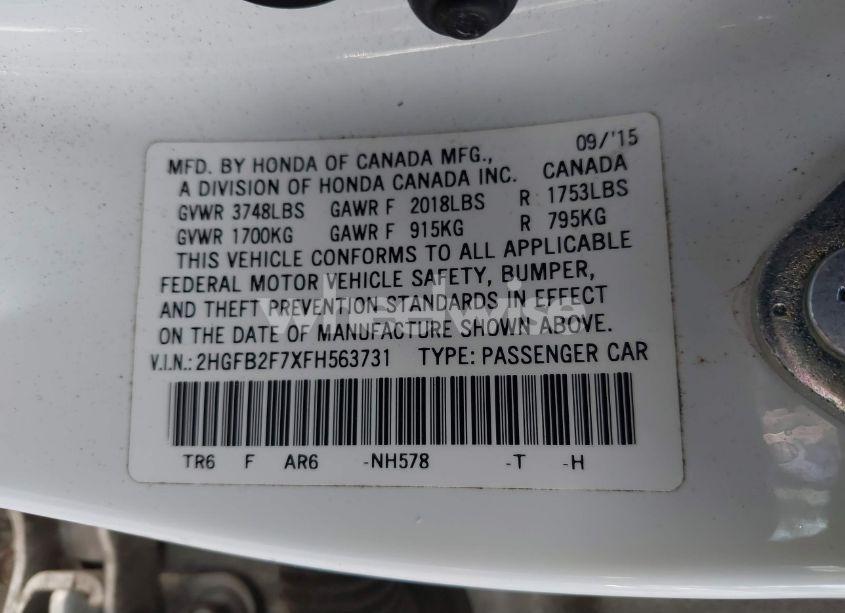 Photo 9 of 2015 Honda Civic SE (VIN 2HGFB2F7XFH563731)