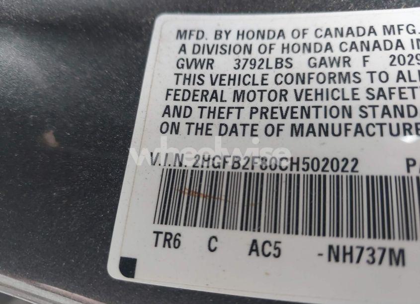 Photo 9 of 2012 Honda Civic EX (VIN 2HGFB2F80CH502022)