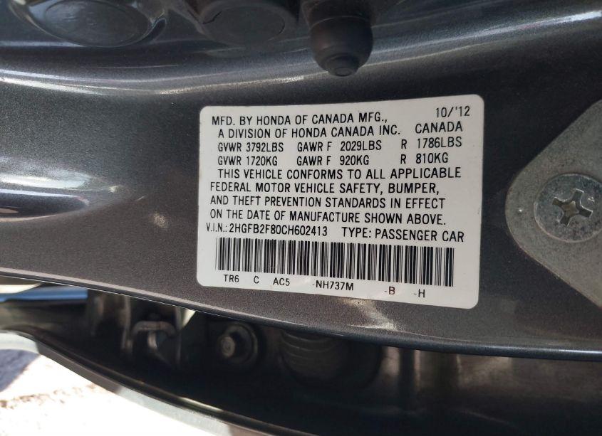 Photo 9 of 2012 Honda Civic EX (VIN 2HGFB2F80CH602413)