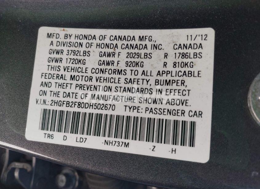 Photo 9 of 2013 Honda Civic EX (VIN 2HGFB2F80DH502670)