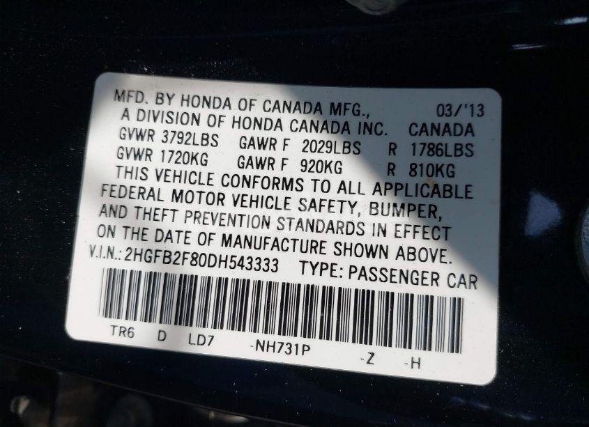 Photo 9 of 2013 Honda Civic EX (VIN 2HGFB2F80DH543333)