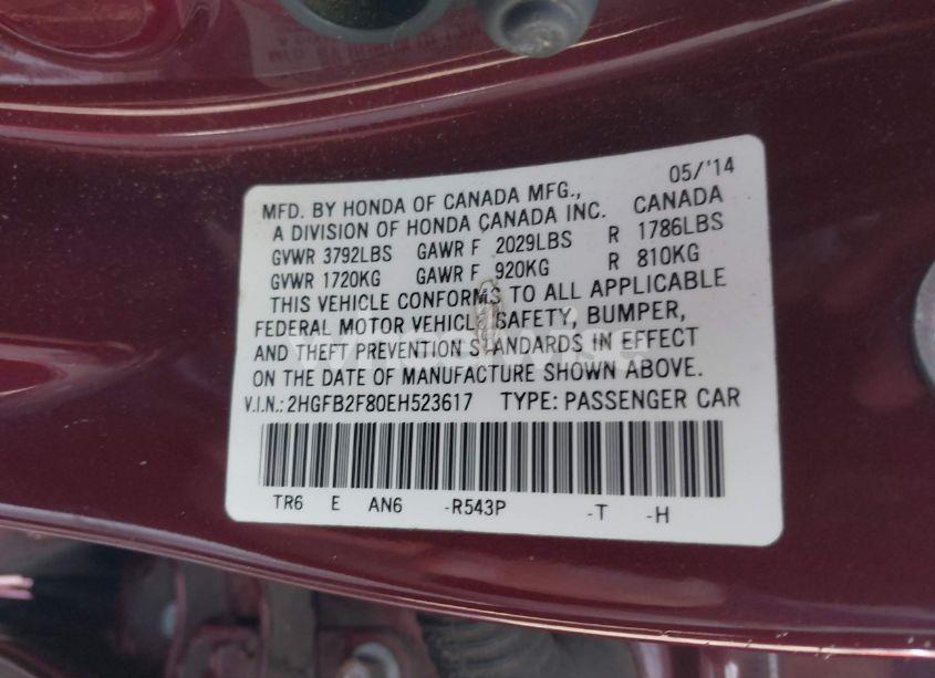 Photo 9 of 2014 Honda Civic EX (VIN 2HGFB2F80EH523617)