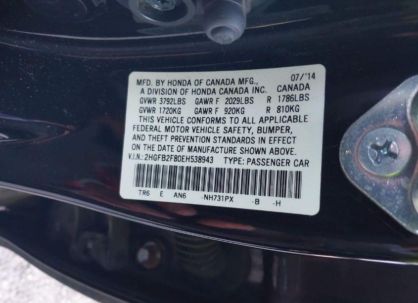 Photo 9 of 2014 Honda Civic EX (VIN 2HGFB2F80EH538943)