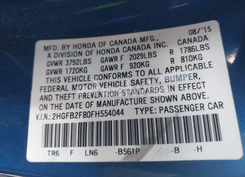 Photo 9 of 2015 Honda Civic EX (VIN 2HGFB2F80FH554044)