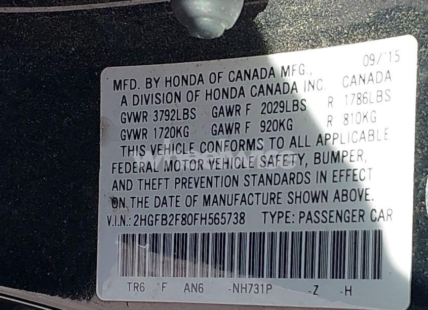 Photo 9 of 2015 Honda Civic EX (VIN 2HGFB2F80FH565738)