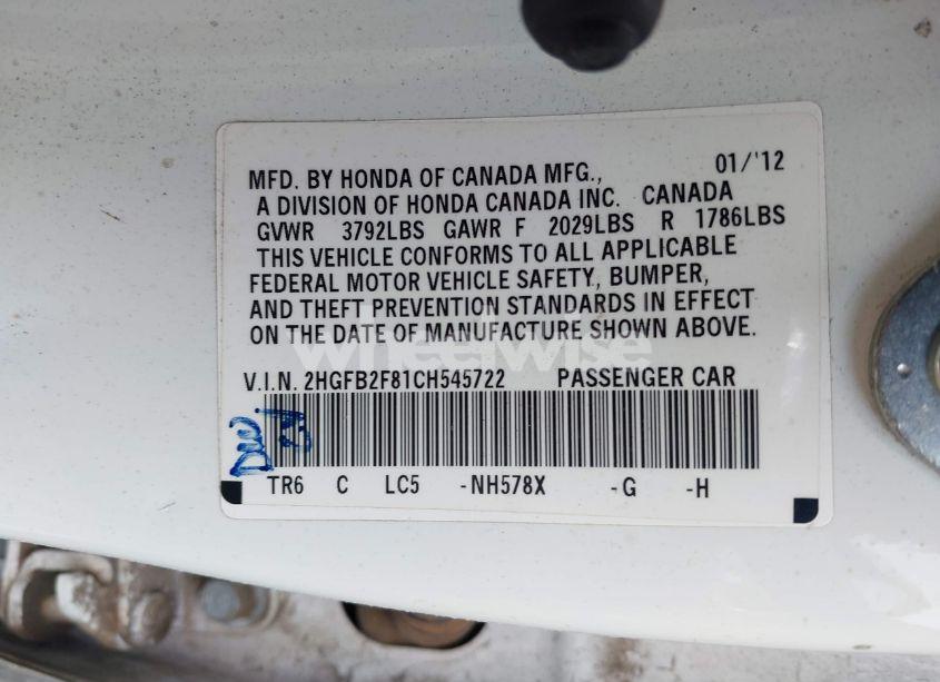 Photo 9 of 2012 Honda Civic EX (VIN 2HGFB2F81CH545722)