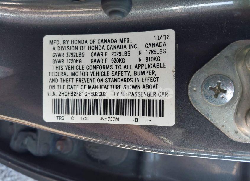 Photo 9 of 2012 Honda Civic EX (VIN 2HGFB2F81CH602002)