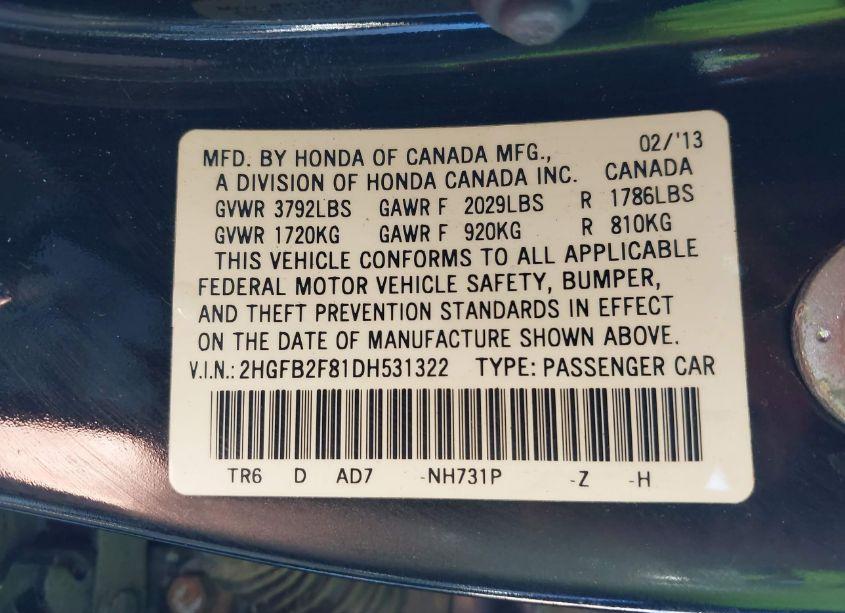 Photo 9 of 2013 Honda Civic EX (VIN 2HGFB2F81DH531322)