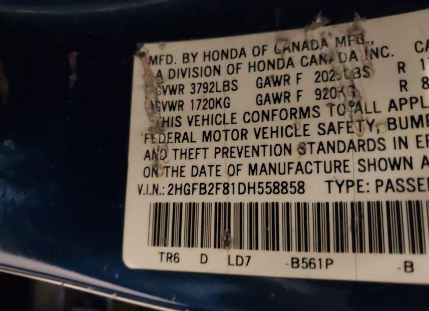 Photo 9 of 2013 Honda Civic EX (VIN 2HGFB2F81DH558858)
